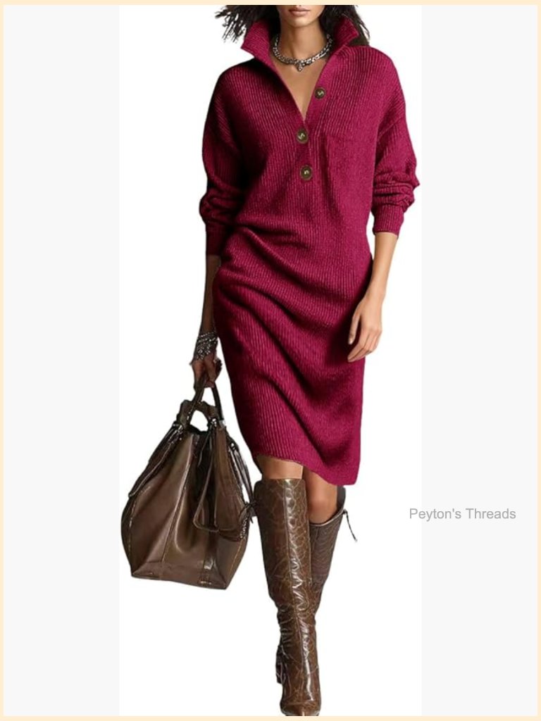 Women's Fall Ribbed Knit Sweater Dress Button Up Polo Collar Long Sleeve Midi